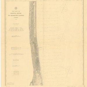 May include: A vintage nautical chart titled "Coast Chart No. 89 Halifax River to Mosquito Lagoon Florida." The chart features detailed coastlines, depth soundings, and compass roses, rendered in shades of beige and gray.