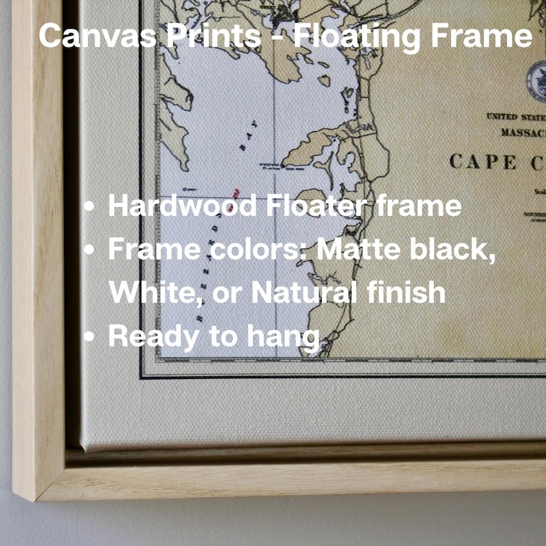 The image is a close-up of a map with a floating frame, featuring a hardwood frame and a matte black finish. The frame colors are available as white or natural finish. The map is ready to hang.