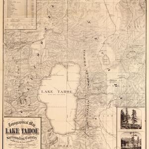 Lake Tahoe Map (and vicinity) 1874 - Nautical Chart Print