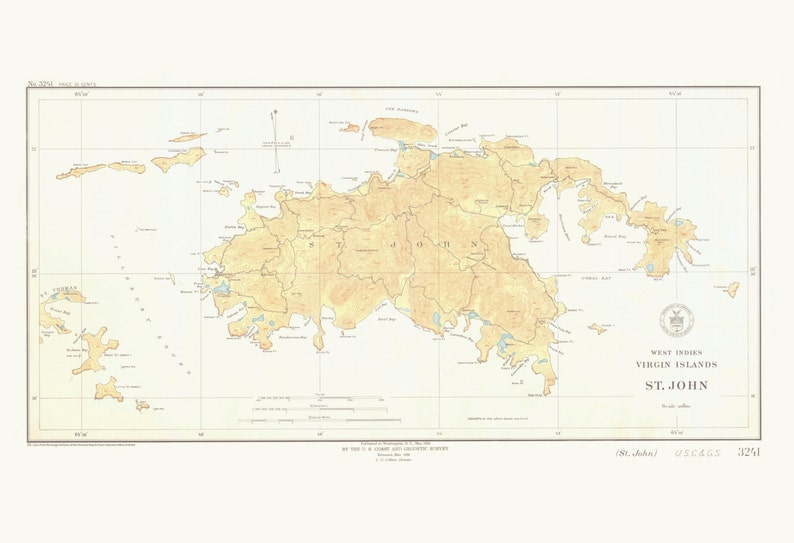 St. John Map USVI Historical Chart 1934 wholesale listing Nautical Chart Print image 1