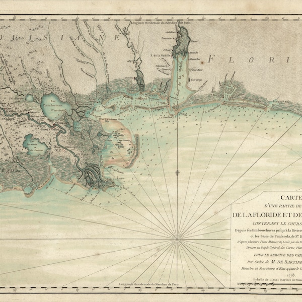 Florida & Louisiana Map (color) - 1778 - Nautical Chart Print