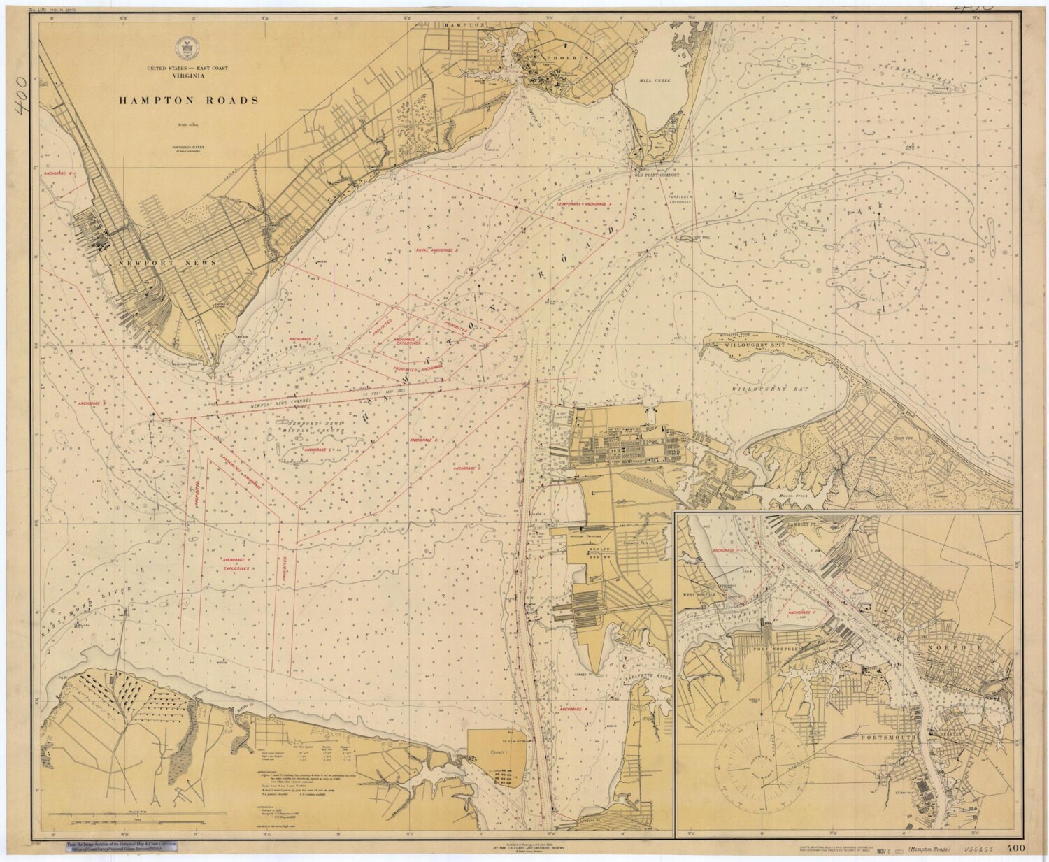 Hampton Roads map - 1923 - Nautical Chart Print