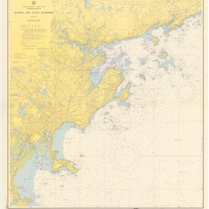 May include: A nautical chart of Salem and Lynn Harbors in Massachusetts. The chart shows the coastline, waterways, and islands in the area. The chart is printed in black and white with blue and yellow accents. The chart is titled "Salem and Lynn Harbors" and includes a legend and scale.