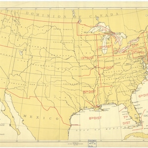 May include: A yellow map of the United States showing the different lighthouse districts. The map is divided into 19 districts, each with a number and the word "DIST" next to it. The map also includes the text "DOMINION OF CANADA" and "MEXICO".