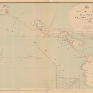 Hawaii, Guam & Samoan Islands Post Route Map from 1908 - Nautical Chart Print