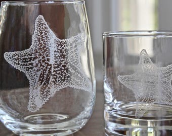 Seestern gravierte Gläser - Coastal Barware - Ocean Gift