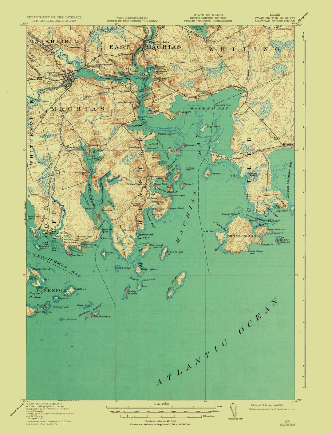 Machias (maine) Map 1918 Nautical Chart Print Etsy