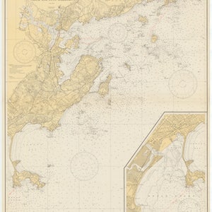 May include: A vintage nautical chart of Salem and Lynn Harbors in Massachusetts. The chart shows the coastline, islands, and waterways of the area. It includes depth soundings, navigational aids, and other important information for mariners.
