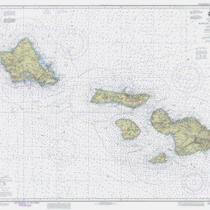 Hawaiian Islands Map - Hawaii to Oahu Map 1990 - Nautical Chart Print