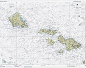 May include: A nautical chart of the Hawaiian Islands, showing the islands of Hawaii, Maui, Molokai, Lanai, and Oahu. The chart includes depth soundings in fathoms, and is titled "Hawaii to Oahu".