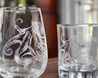 Octopus Engraved Glass – Coastal Ocean Glass – Unique Marine Gift