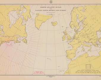 May include: A vintage map of the North Atlantic Ocean, Eastern North America, and Europe. The map is printed on a cream-colored paper with yellow and pink accents. The map shows the coastlines of North America and Europe, as well as the major cities and rivers. The map is titled "North Atlantic Ocean with Eastern North America and Europe."