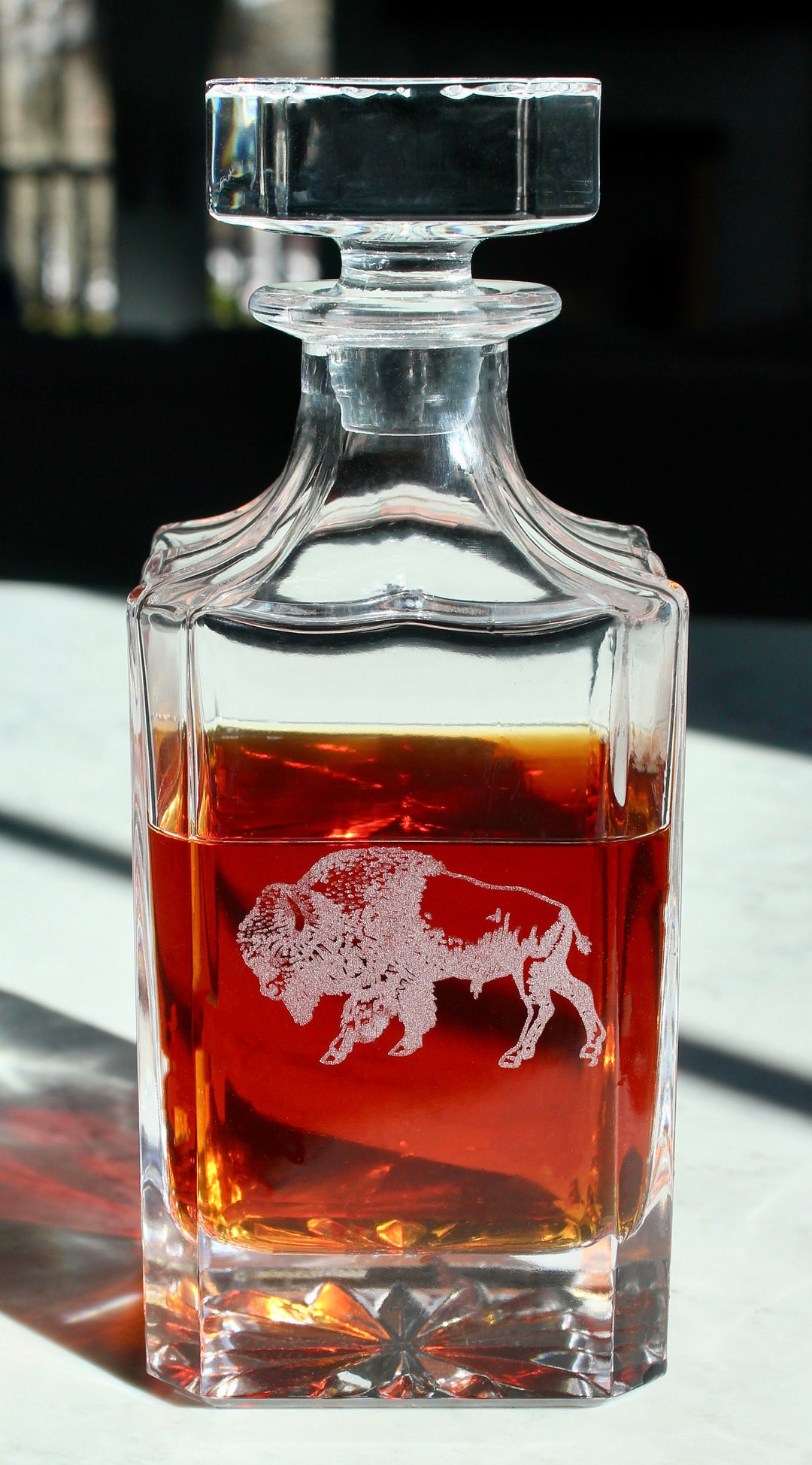Bison Engraved Whiskey Decanter - 26oz Square Crystal Decanter With ...