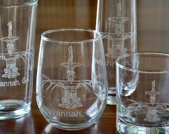 Forsyth Park Fountain - Savannah, Georgia Laser Engraved Glasses