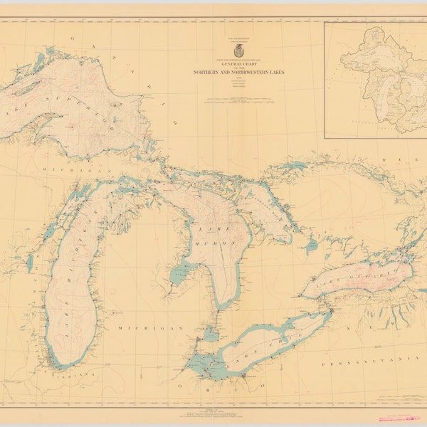 Great Lakes Map 1938 - Nautical Chart Print