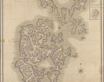 Puede incluir: Un mapa antiguo de las Islas Orcadas, un grupo de islas frente a la costa de Escocia. El mapa está dibujado con un estilo detallado con líneas y texto marrones y negros. El mapa está titulado "ORKNEY ISLANDS." e incluye los nombres de las islas y las aguas circundantes.
