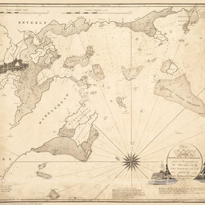 May include: An antique nautical chart of the harbor of Salem, Massachusetts, from Beverly to Manchester. The chart was drawn by Paul Revere, Jr. in 1795. The chart shows the location of islands, shoals, and other navigational hazards.