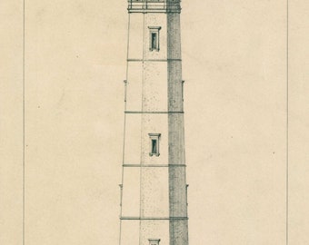 May include: A black and white line drawing of a preliminary sketch for a cast iron lighthouse for Loggerhead Key, Florida. The drawing shows the lighthouse with a tall, cylindrical tower and a lantern room at the top. The drawing is dated August 16, 1876.