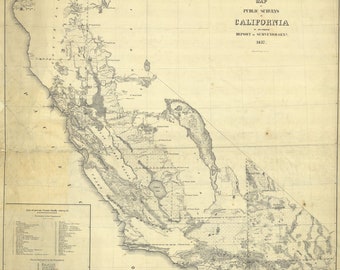 Puede incluir: Un mapa en blanco y negro de California que muestra las encuestas públicas de 1857. El mapa muestra la costa del estado, los principales ríos y las divisiones de tierras. El texto "MAP PUBLIC SURVEYS CALIFORNIA REPORT OF SURVEYOR GEN'L 1857." está impreso en la esquina superior derecha.