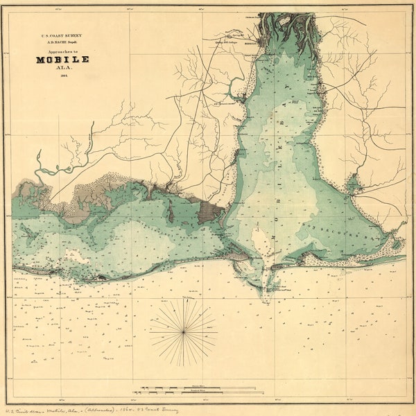 Mobile Bay Map - 1864 (square) - Nautical Chart Print