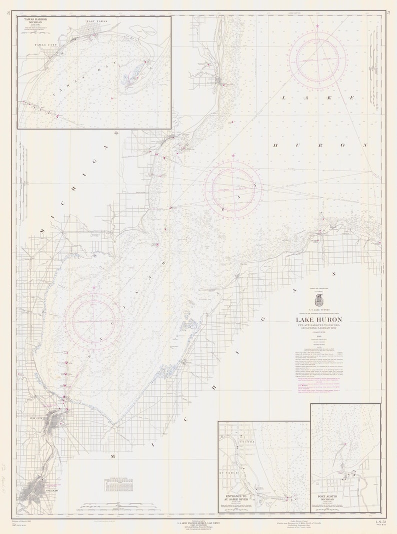 Lake Huron Map Saginaw Bay Map 1961 Nautical Chart Print