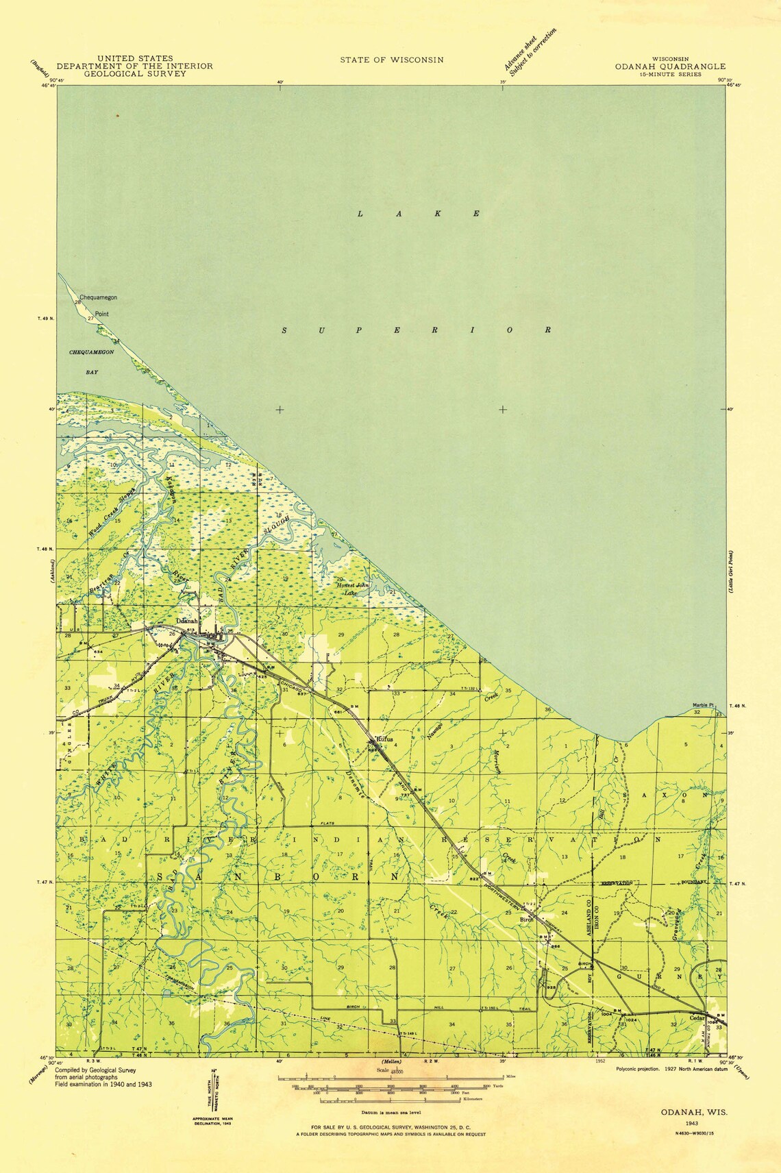 Odanah Wisconsin Topographic Map 1943 Etsy