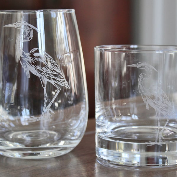 Blue Heron Engraved Glasses