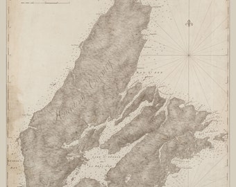 May include: A vintage map of the Island of Cape Breton, Canada. The map is in black and white and shows the coastline, rivers, and lakes of the island. The map is titled "A Chart of the Island of Cape Breton."