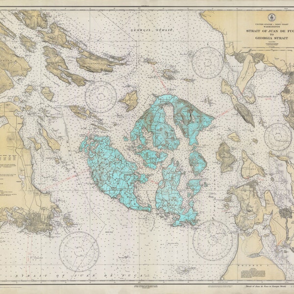 San Juan Islands Map - 1933 (Aqua) - Nautical Chart Print