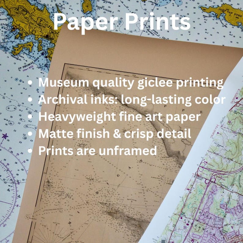 a map with a piece of paper with text describing the paper prints, including museum quality giclee printing, archival inks, heavyweight fine art paper, matte finish & crisp detail, and prints being unframed.