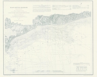 May include: A vintage nautical chart of Bass River Harbor, Massachusetts, showing the coastline, waterways, and surrounding land features. The chart is printed in black and white on a white background and includes a compass rose, scale bar, and various navigational markings.
