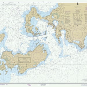 May include: A nautical chart of Woods Hole, Massachusetts, showing the coastline, waterways, and depths in feet. The chart includes a legend and a scale bar.