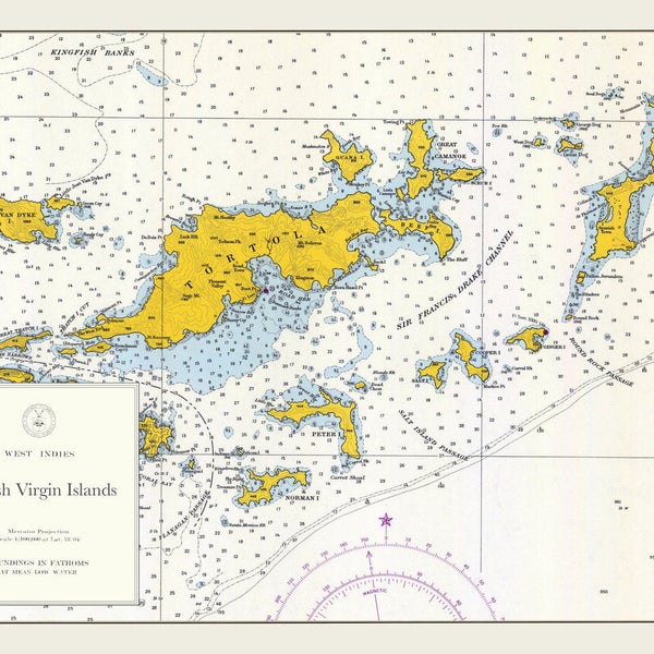 Britse Maagdeneilanden Kaart (BVI) - 1962 - Zeekaart Print