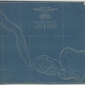 May include: A blue and white blueprint map of Crooked Lake in Steuben County, Indiana. The map shows depth contours and adjacent topography. The map is titled "State of Indiana, The Department of Conservation, Division of Fish and Game, Map of Crooked Lake, Showing Depth Contours and Adjacent Topography, Steuben County, Indiana."