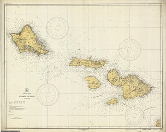 May include: A vintage nautical chart of the Hawaiian Islands, showing the islands of Hawaii, Maui, Oahu, Kauai, Molokai, Lanai, and Niihau. The chart is printed on a cream-colored paper with a grid pattern and includes compass roses and depth soundings.