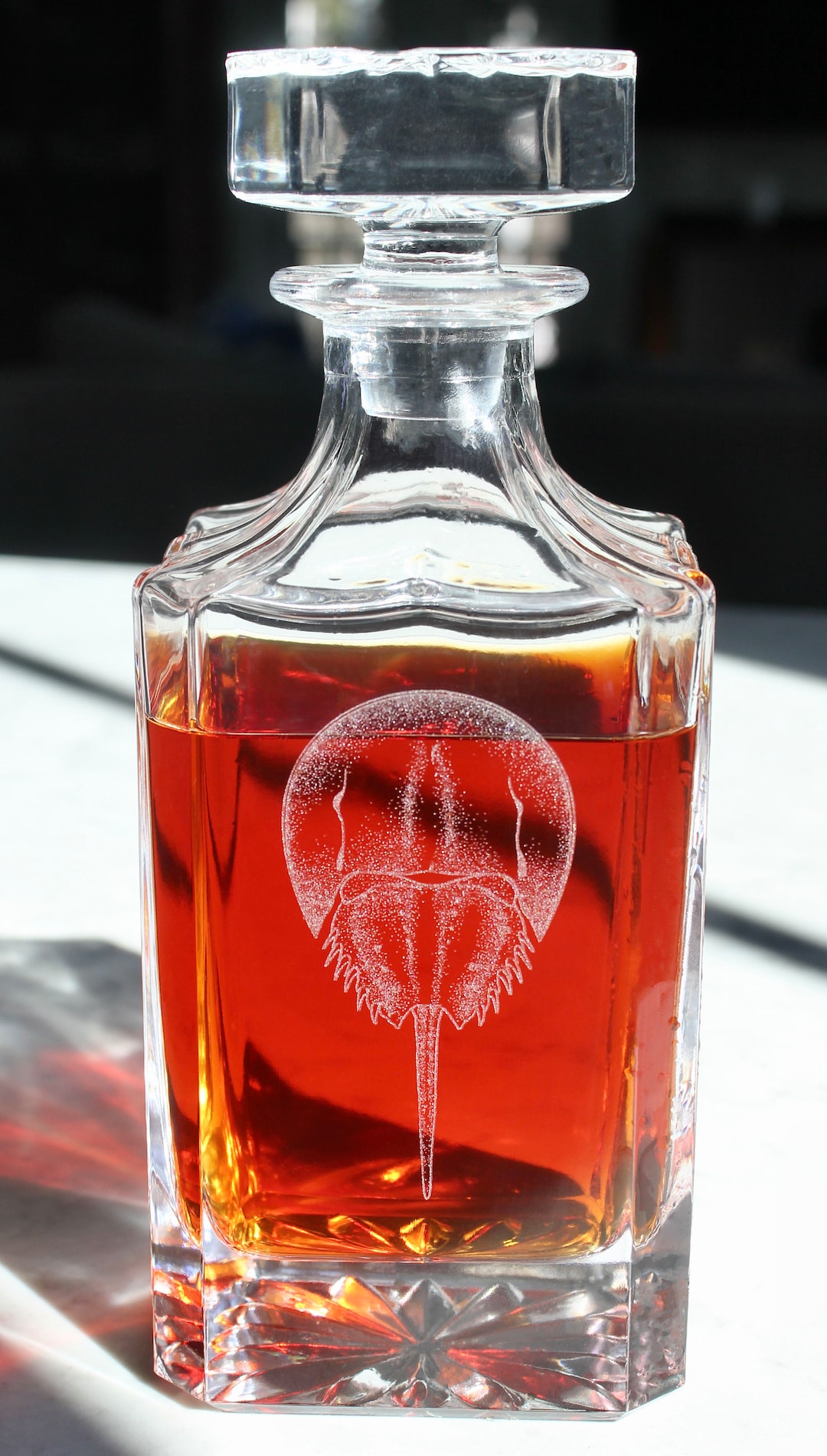 Horseshoe Crab Engraved Whiskey Decanter 26oz Square Crystal Decanter