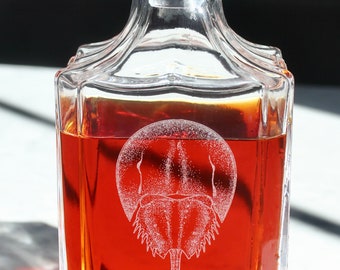 Horseshoe Crab Engraved Whiskey Decanter - 26oz Square Crystal Decanter with Stopper