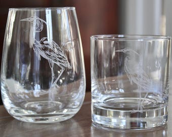 Blue Heron Engraved Glasses - Unique Coastal Gift