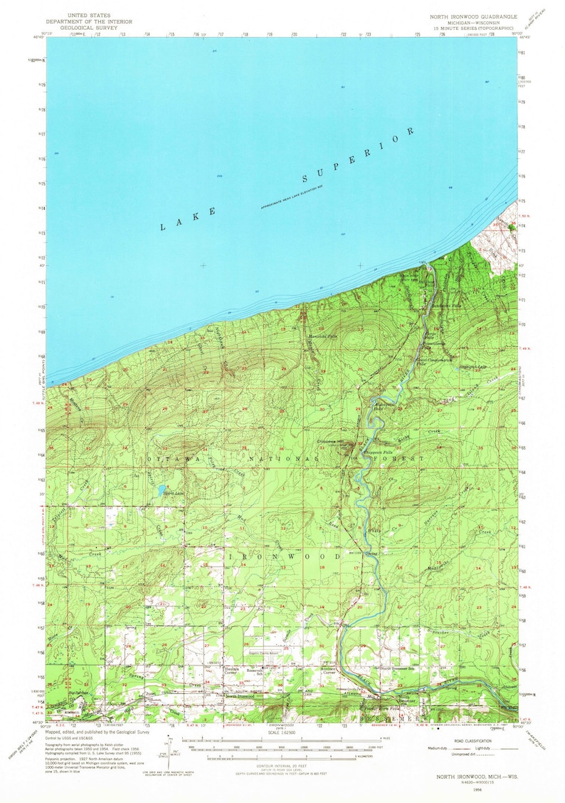 North Ironwood Michigan Topographic Map 1956 Nautical Chart Etsy