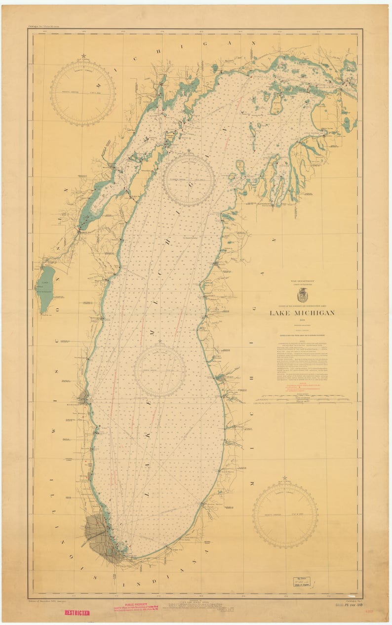 Lake Michigan Map 1942 Nautical Chart Print image 1