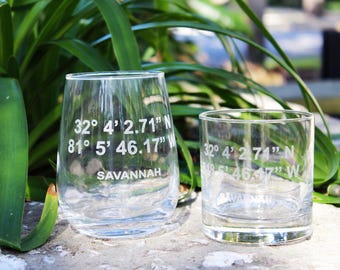 Savannah Georgia GPS Coordinate Engraved Glasses