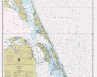May include: A nautical chart of Currituck Beach Light to Wimble Shoals in North Carolina. The chart shows the coastline, waterways, and depths of the area. The chart is printed in black and white with blue and yellow accents.