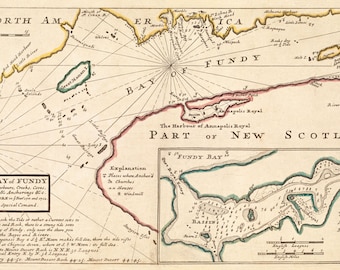 May include: An antique map of the Bay of Fundy and the Harbour of Annapolis Royal, Nova Scotia, with detailed markings and text. The map is printed on paper and has a compass rose in the lower right corner.