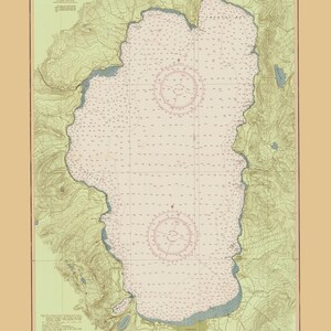Mapa do Lago Tahoe 1951 - (Verde com Borda Bege) - Impressão de Carta Náutica