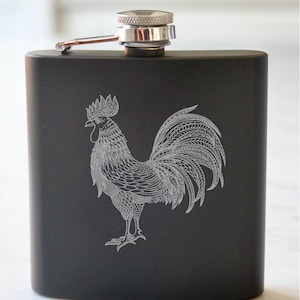 Rooster Engraved Stainless Steel Flask - 6 oz