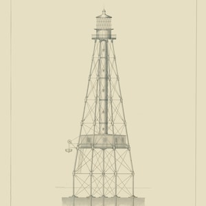 May include: A black and white line drawing of an iron pile lighthouse. The lighthouse is a tall structure with a tower and a lantern on top. The drawing is labeled "Iron Pile Light House" and "Dry Banks off Coffin's Patches".