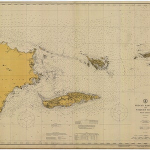 Passagem da Ilha Virgem - Mapa histórico de Porto Rico a St. Thomas 1916 - Impressão de carta náutica