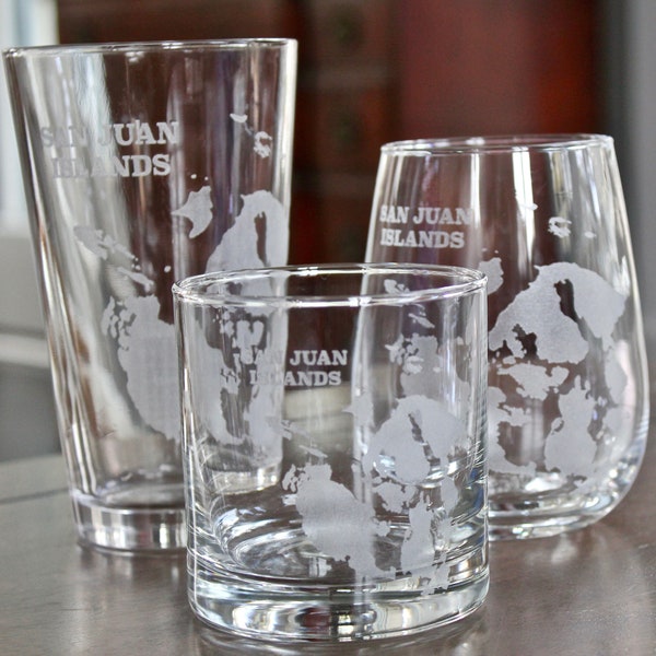 San Juan Islands Engraved Map Glasses