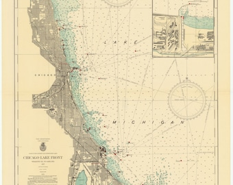 Mapa histórico da orla do Lago Michigan em Chicago, 1937 - Impressão de carta náutica