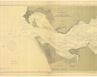 May include: A vintage nautical chart of the Columbia River entrance to the Pacific Ocean. The chart is printed on aged paper with a light green tint and shows the river's course, surrounding land masses, and depth soundings.